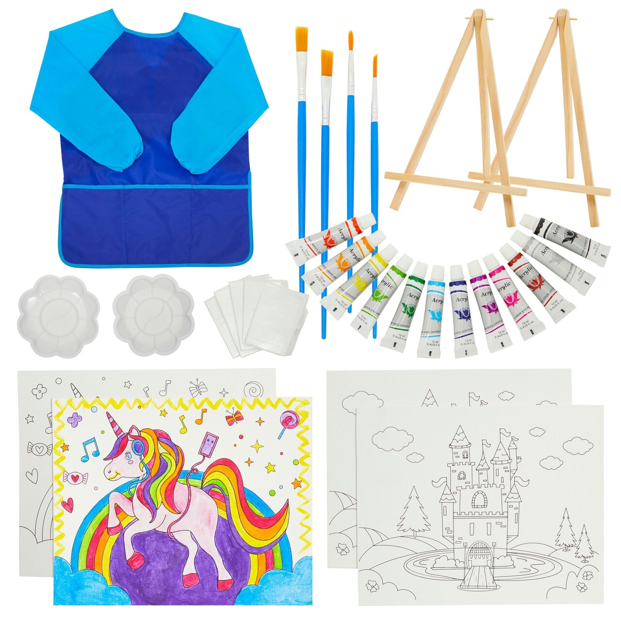 Canvas Painting Kit for Kids with Acrylic Paints, Wood Easels, Canvases (31 Pieces)